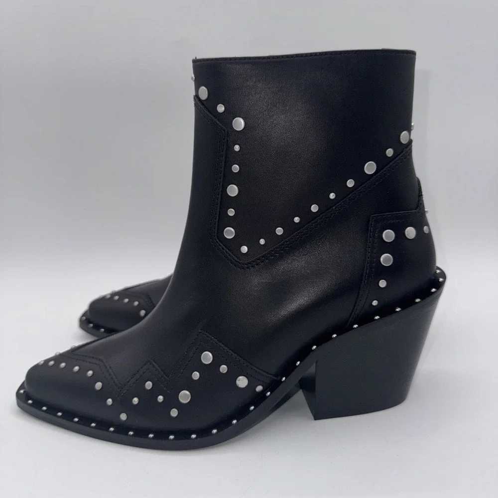 The Kooples Santiag Studded Boot Women's Size 7 EU 38 Black Leather Dustbag